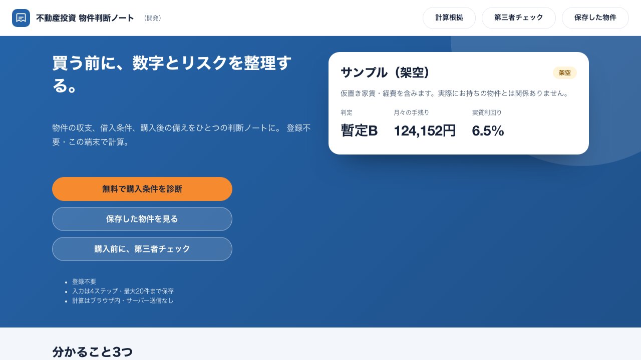 不動産投資 物件判断ノートの画面。「買う前に、数字とリスクを整理する。」の見出しとサンプル物件のカード、無料で購入条件を診断するボタン
