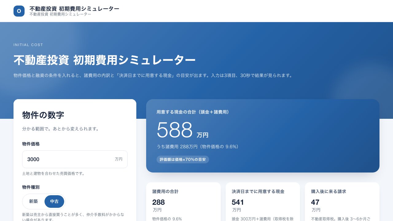 不動産投資 初期費用シミュレーターの画面。左に物件価格・物件種別の入力フォーム、右に用意する現金の合計588万円と諸費用の合計・決済日までに用意する現金・購入後に来る請求を並べたパネル